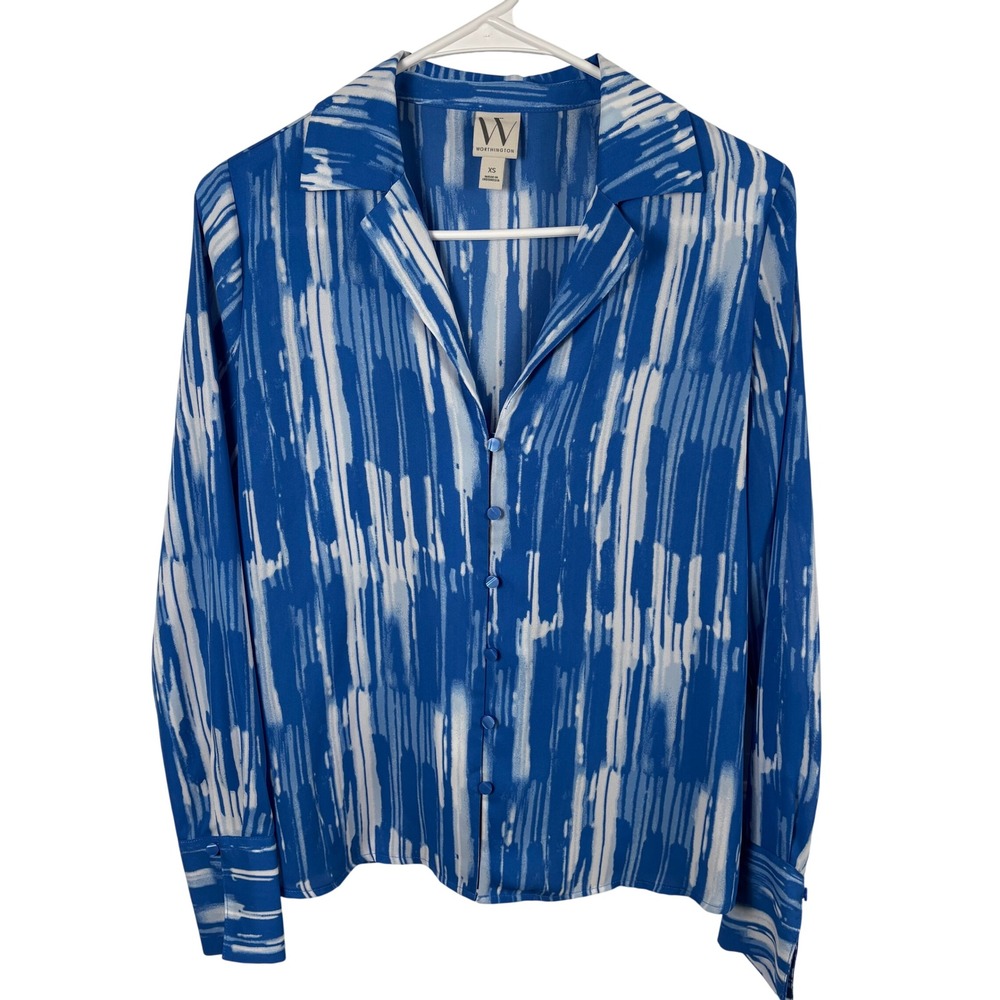 Worthington Button-Up Blouse XS Blue White Abstract Print Long-Sleeve Office